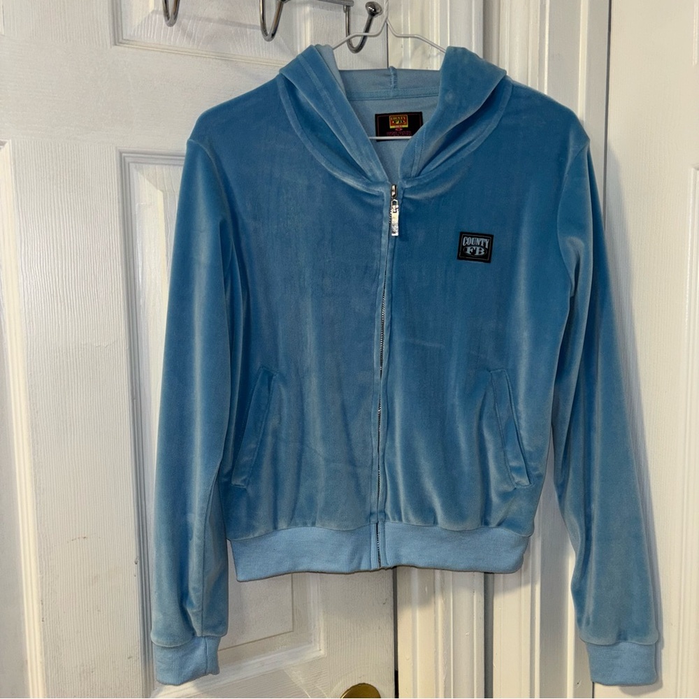 CountyFB Y2K Blue Velour Zip-Up Sky Blue Hoodie Size Medium